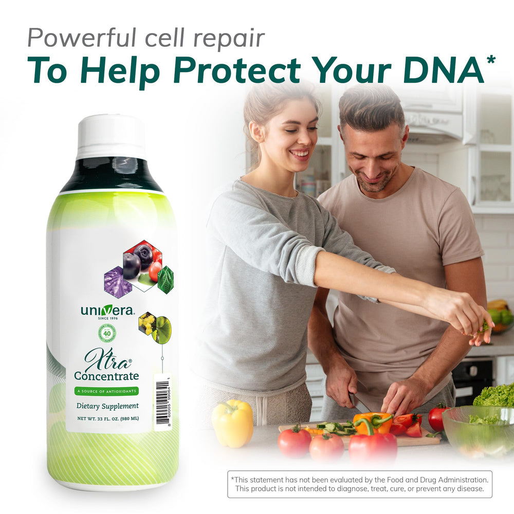 Univera Xtra Concentrate benefits graphic suggests energy, focus, and stress support