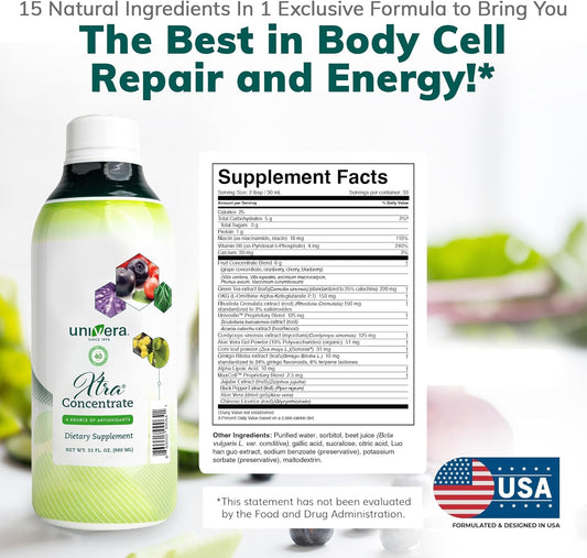 Univera Xtra Concentrate pour shows a 30 ml serving for sustained energy and focus