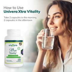 Univera Xtra Vitality bottle beside a glass, illustrating daily routine use