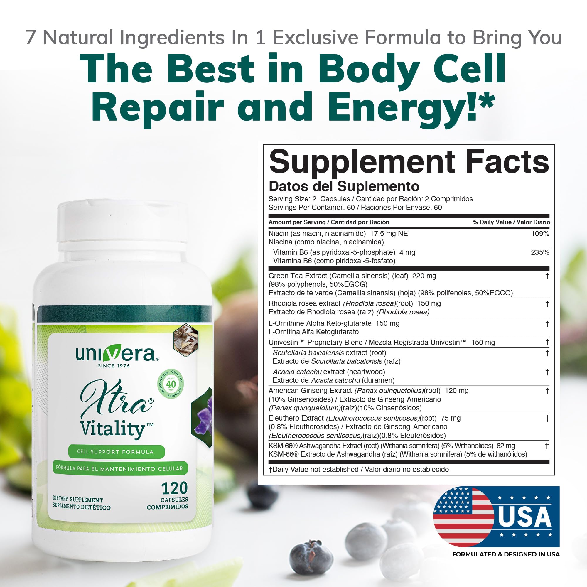 Univera Xtra Vitality capsules arranged to convey balanced daily support