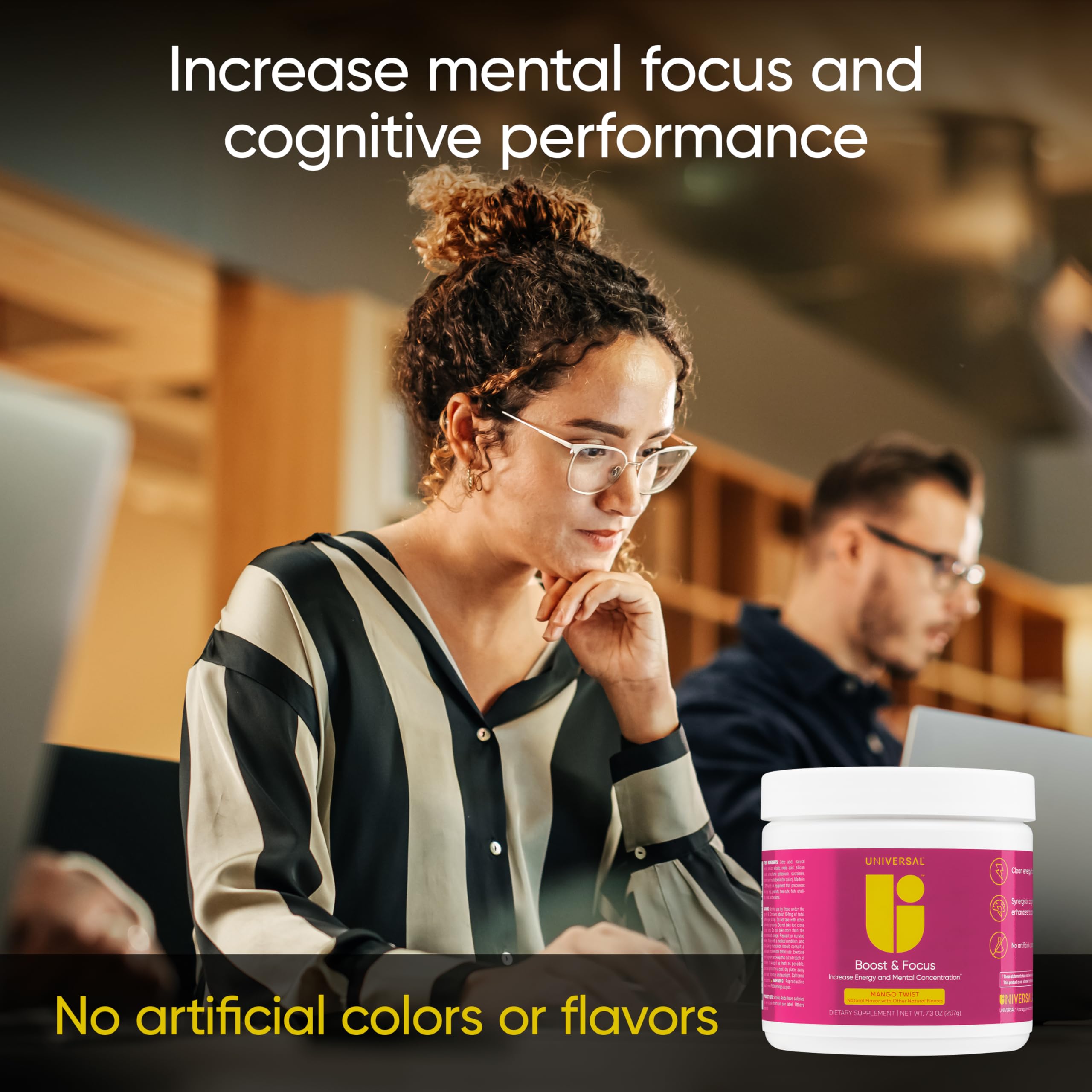 Glass of Universal U Boost & Focus Mango Twist showing a bright, refreshing beverage.