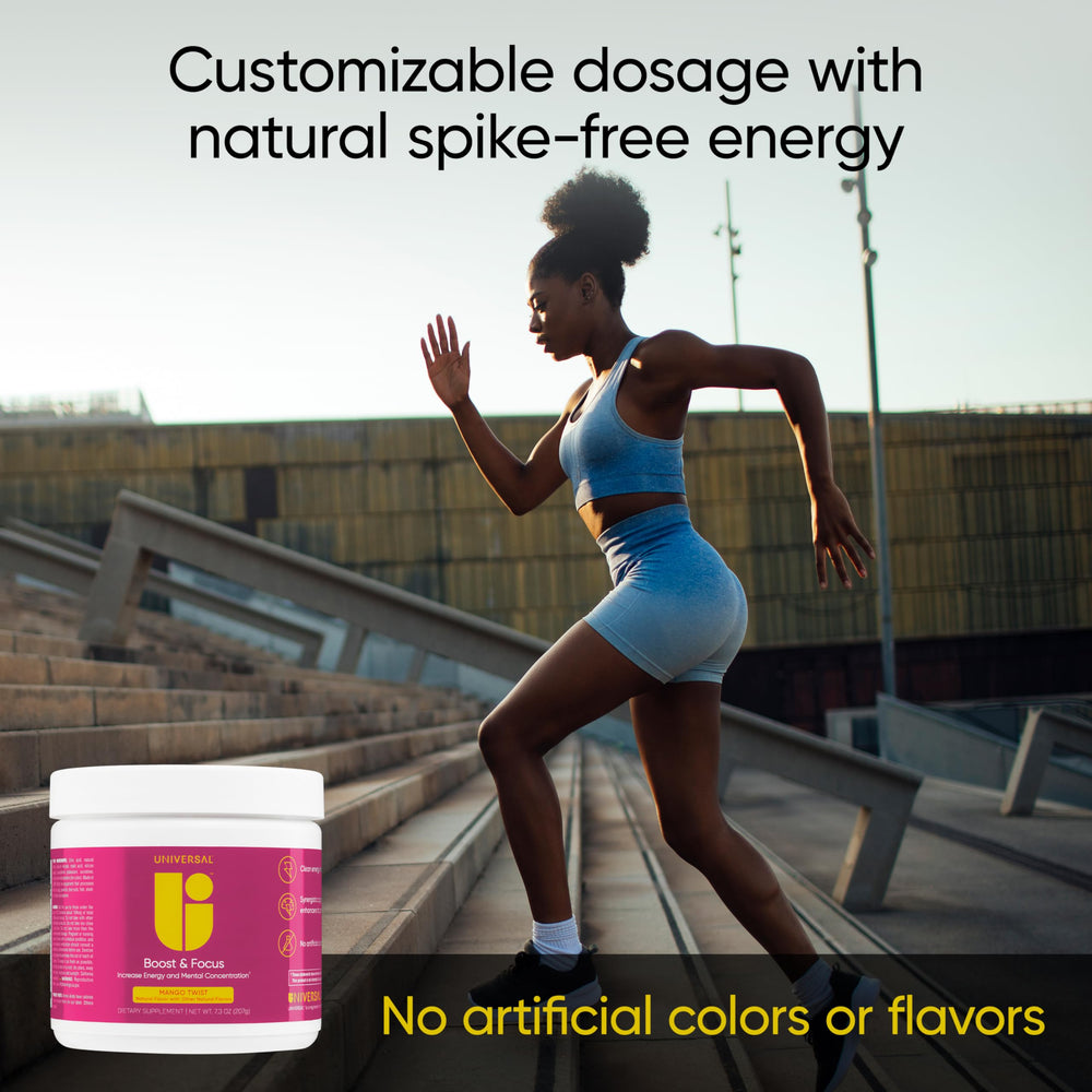 Universal U Boost & Focus Mango Powder with tropical flavor and clean ingredients.