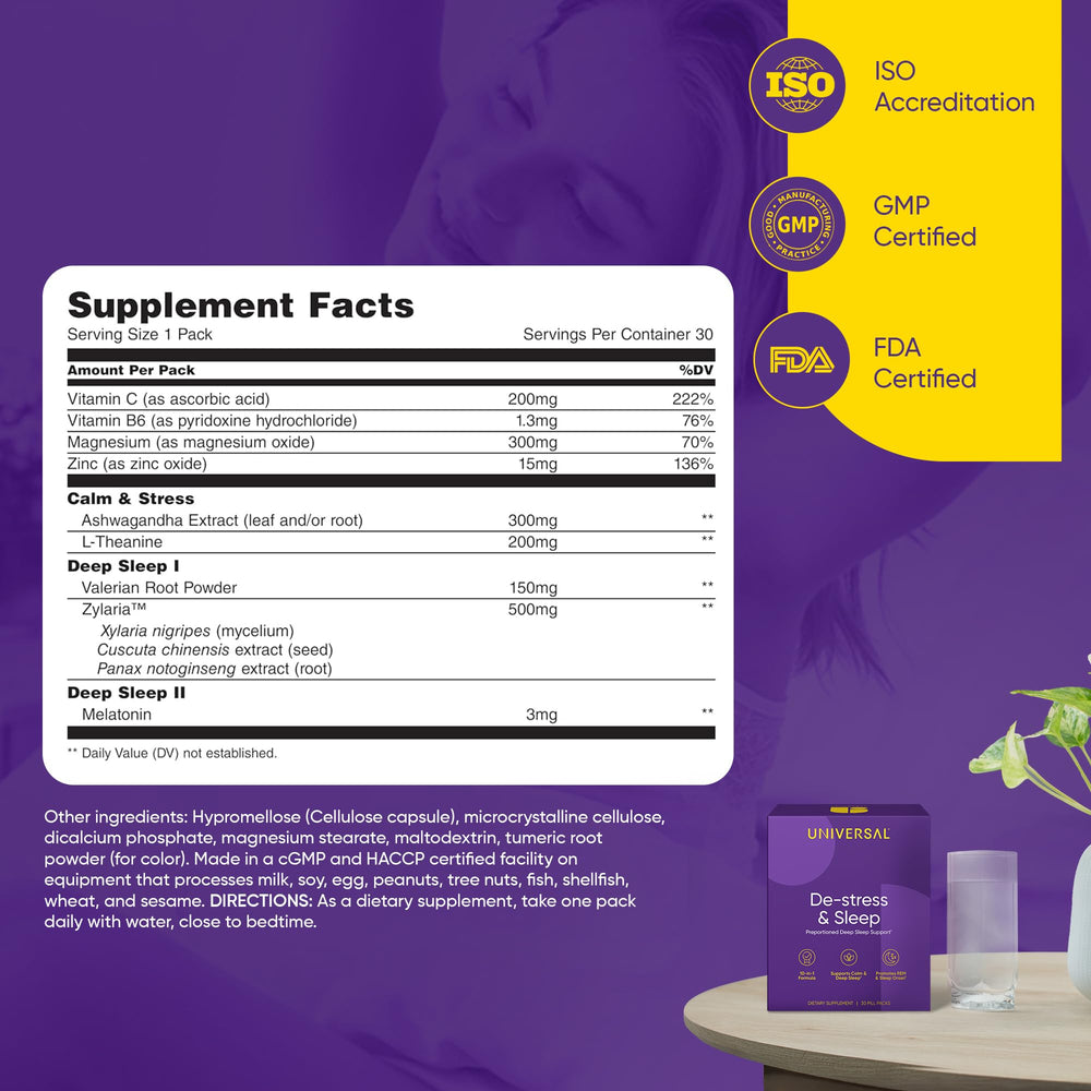Label details outline ingredients and benefits for Universal U De-Stress & Sleep.