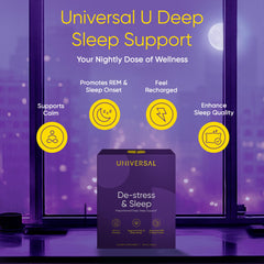 Pill pack image emphasizes easy bedtime routine with Universal U De-Stress & Sleep.