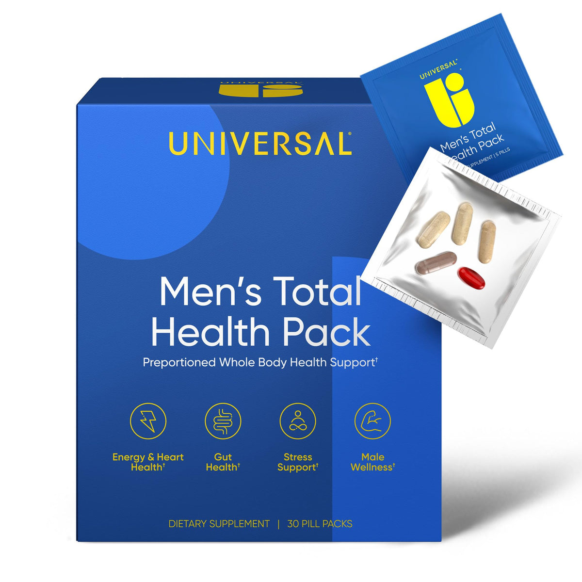 Universal U Men's Total Health Pack bottle opening with daily capsules for busy men
