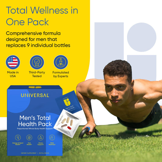Universal U packs capsules close-up highlighting 22 vitamins for daily energy