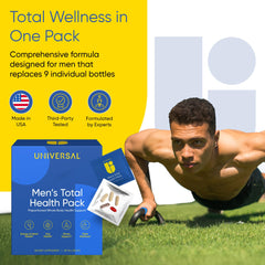 Universal U packs capsules close-up highlighting 22 vitamins for daily energy