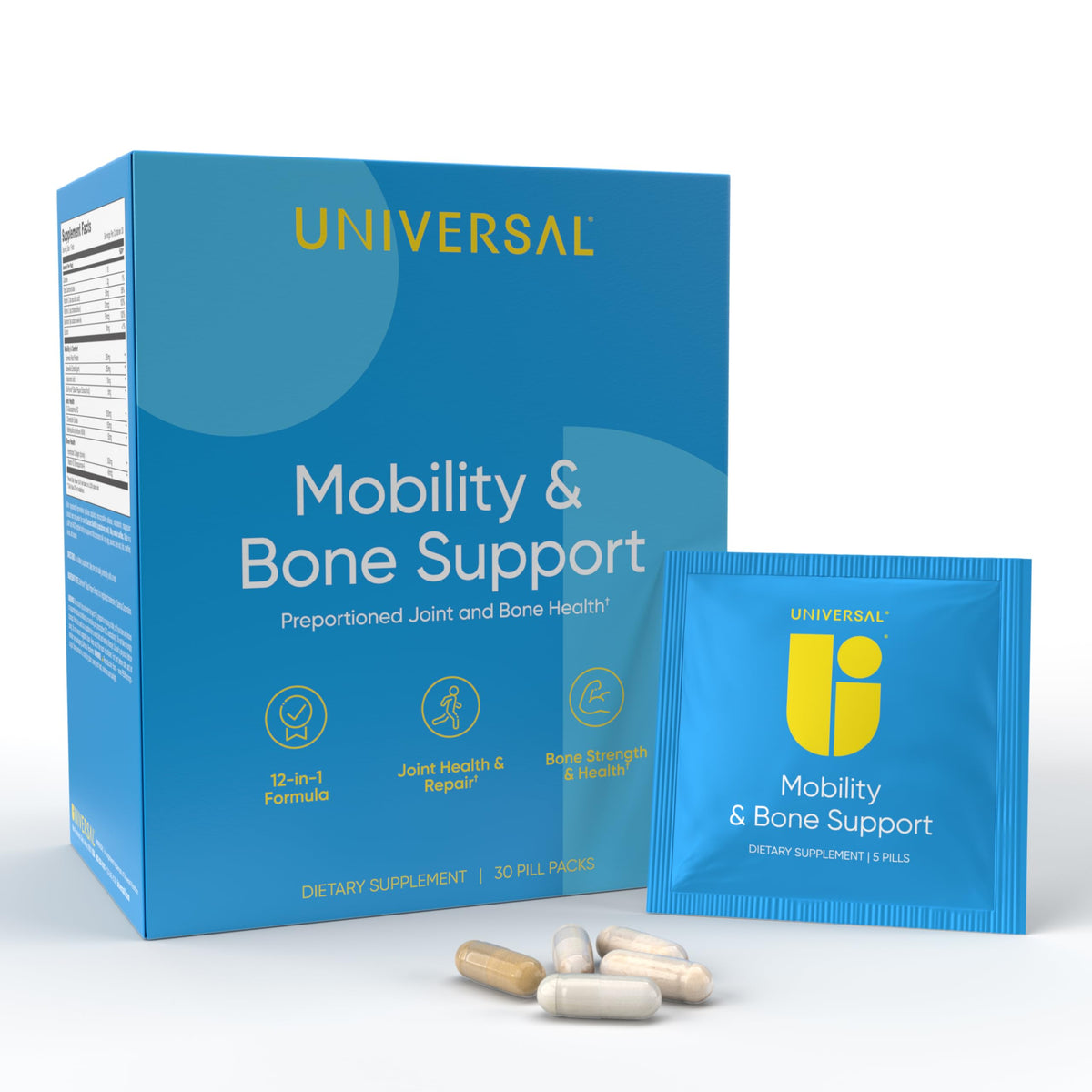 Universal U Mobility & Bone pre-portioned pack close-up for on-the-go joints support.