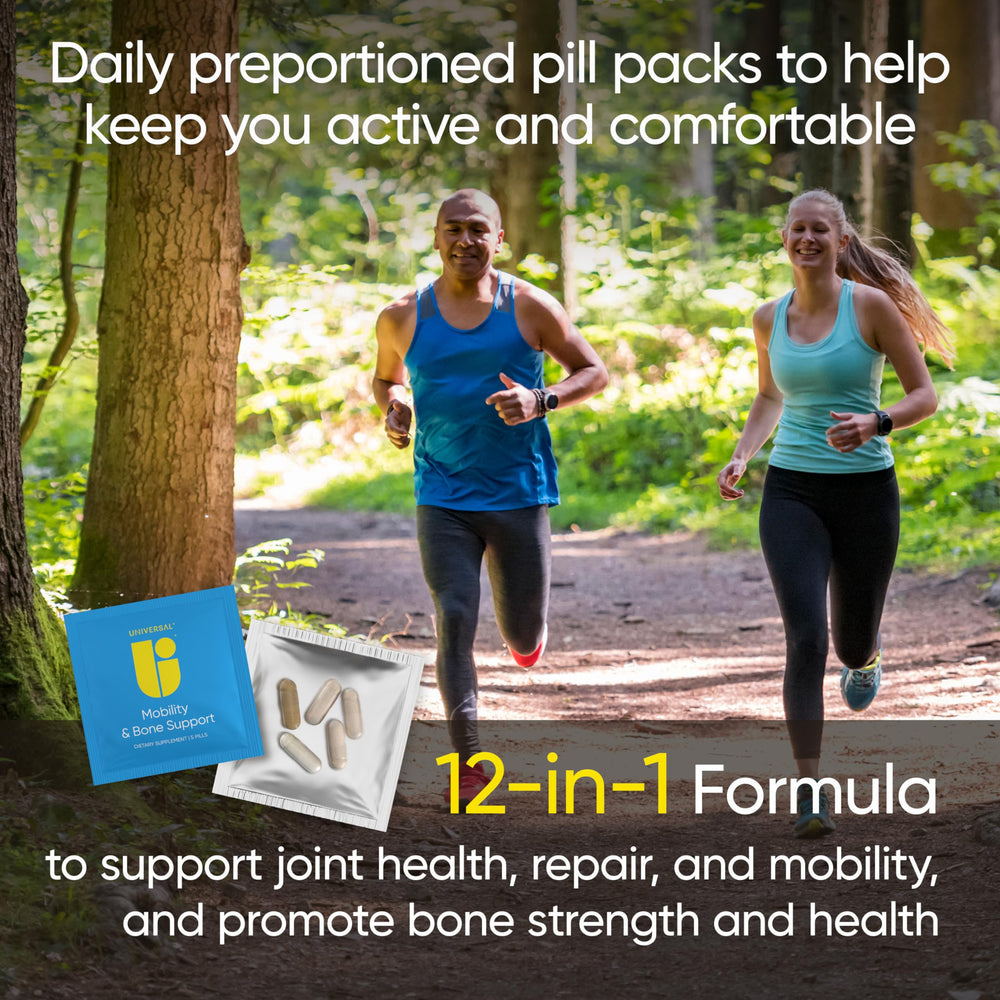 Universal U Mobility capsules close-up highlighting the 12-in-1 formula for joints.