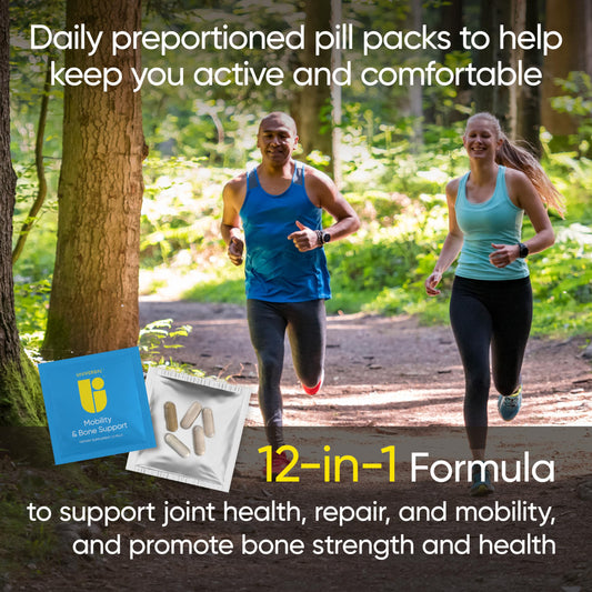 Universal U Mobility capsules close-up highlighting the 12-in-1 formula for joints.