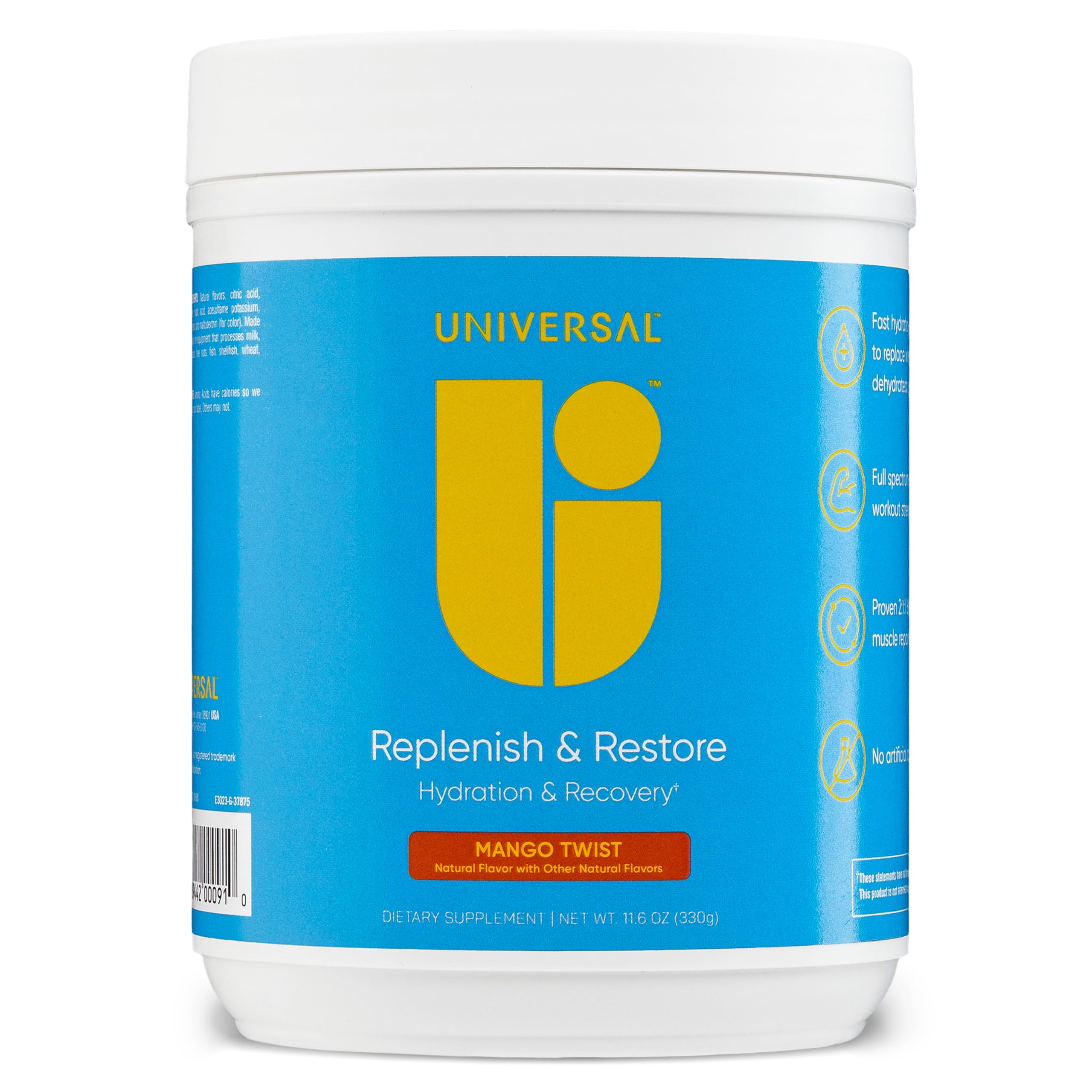 Universal U Replenish & Restore mango twist tub front for hydration after workouts.