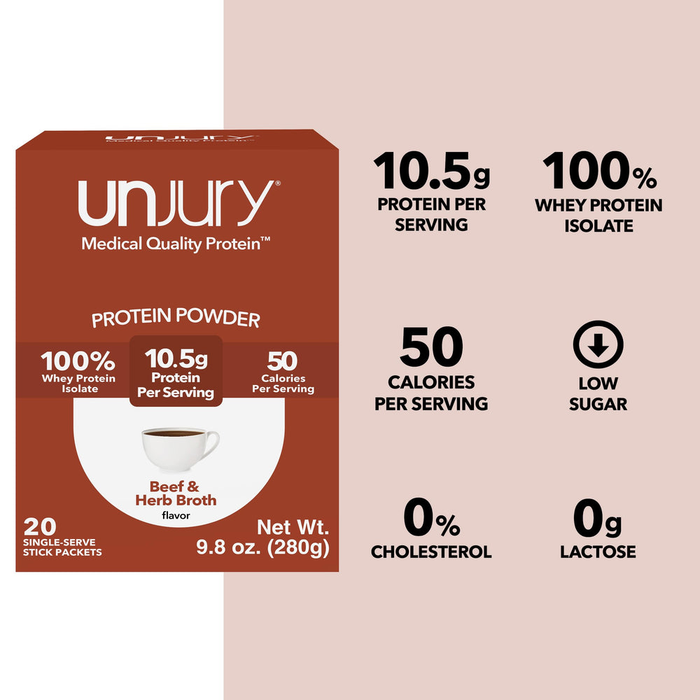 Unjury Beef & Herb ingredient label emphasizing clean, allergen-free formula.