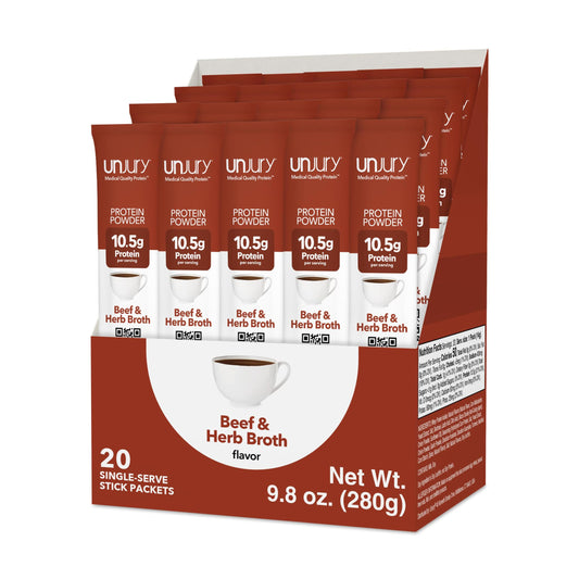 Unjury Beef & Herb stick-pack box shows convenient single-serve packaging for on-the-go nutrition.
