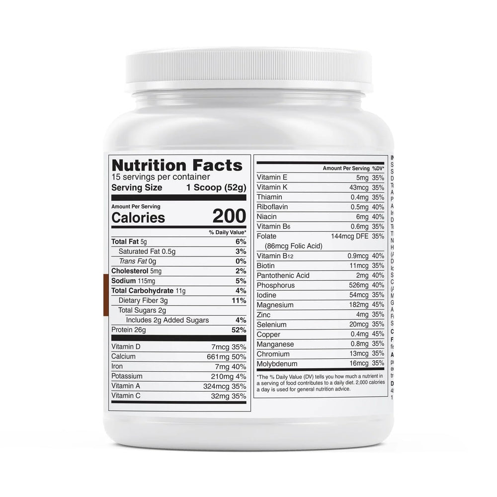 Unjury chocolate meal replacement tub shows nutrition panel for planning.
