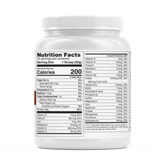 Unjury chocolate meal replacement tub shows nutrition panel for planning.