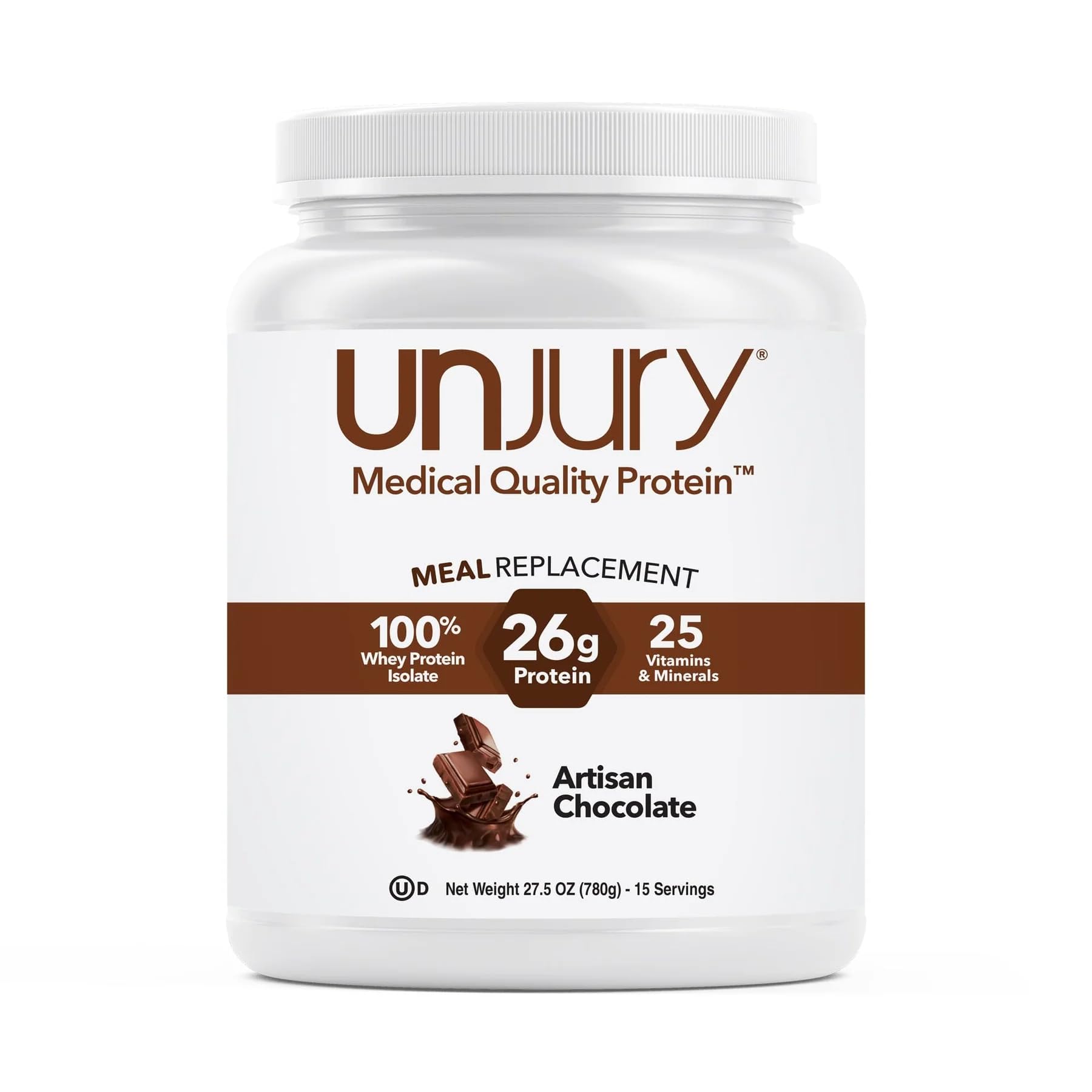 Unjury chocolate meal replacement tub with 26g protein per serving.