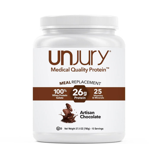 Unjury chocolate meal replacement tub with 26g protein per serving.