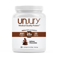 Unjury chocolate meal replacement tub with 26g protein per serving.