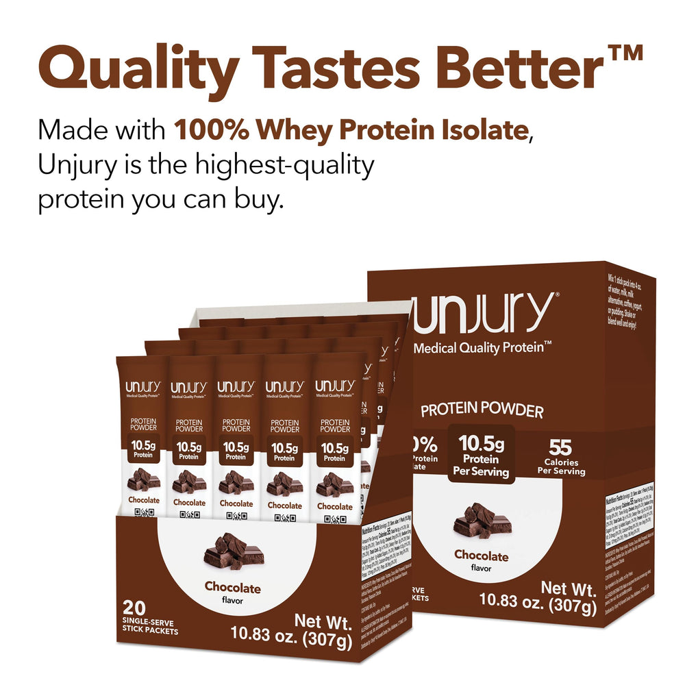 Unjury Chocolate stick-pack held in hand for quick nutrition on the go.