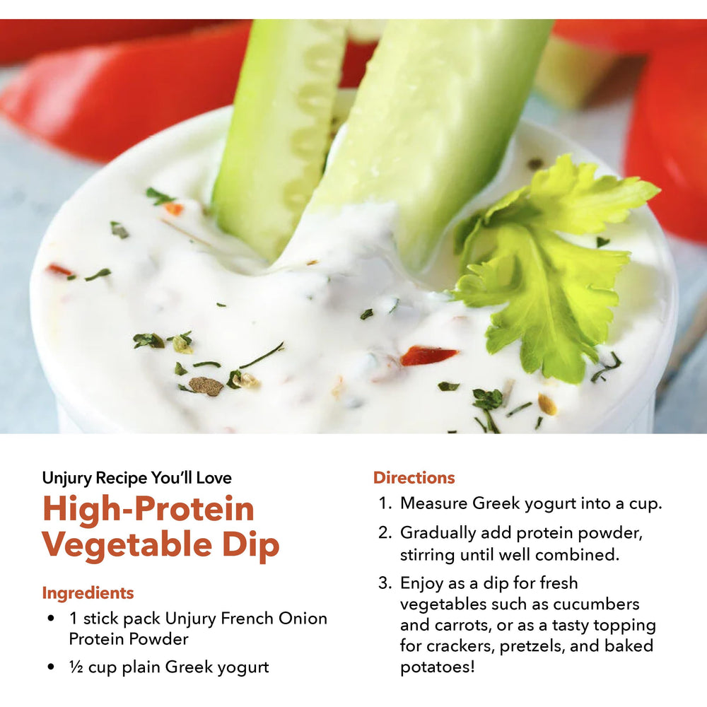 Unjury French Onion nutrition label focuses on complete protein and ingredients