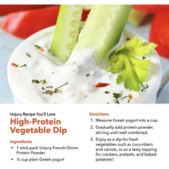 Unjury French Onion nutrition label focuses on complete protein and ingredients