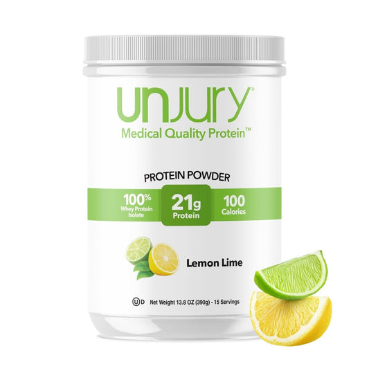 Unjury Lemon Lime protein powder bottle for convenient daily shakes.