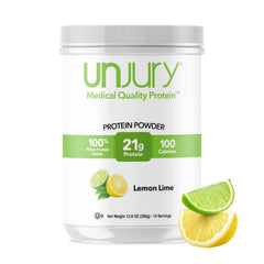 Unjury Lemon Lime protein powder bottle for convenient daily shakes.
