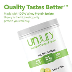 Unjury Lemon Lime protein powder dissolves easily in liquids for quick shakes.