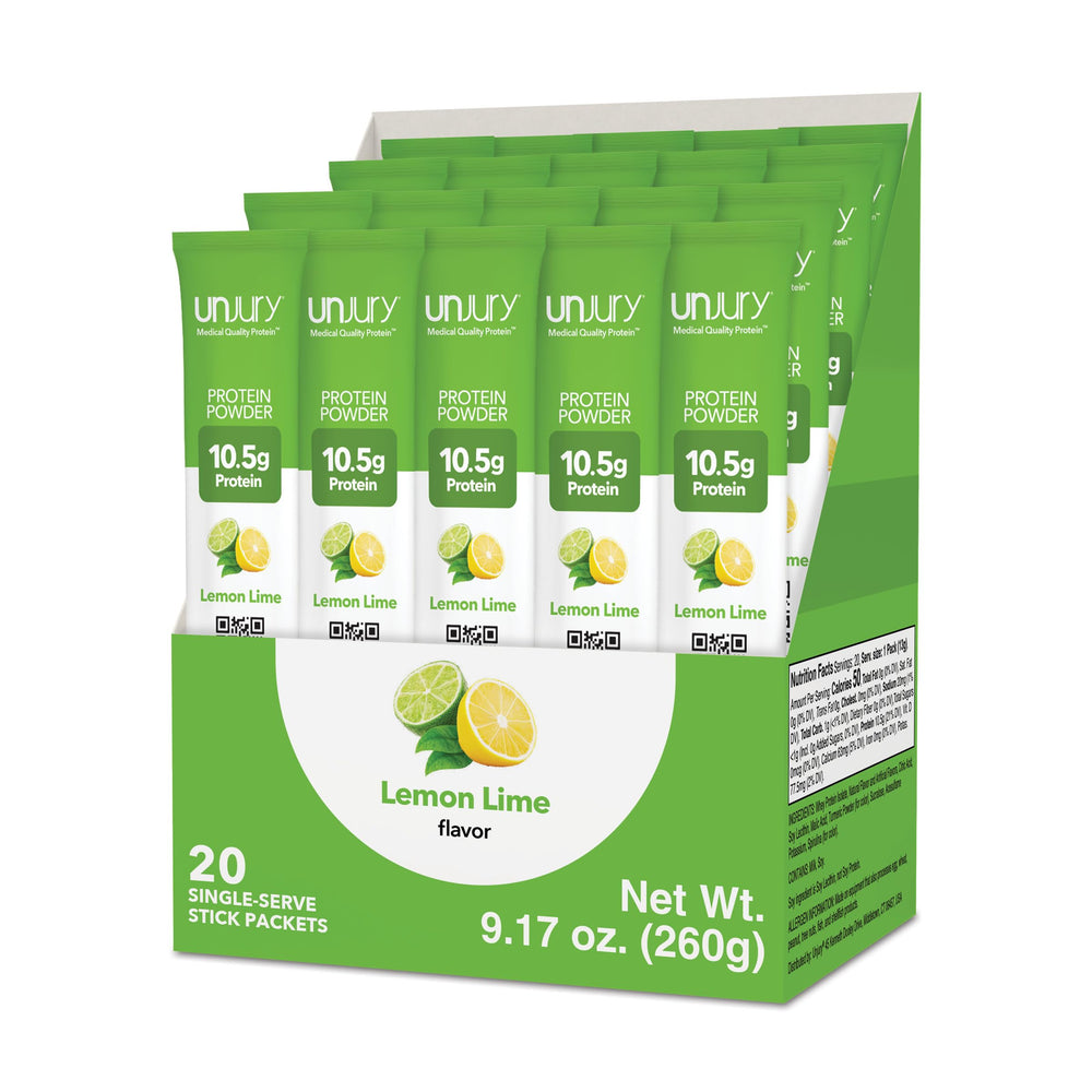 Unjury Lemon Lime whey stick pack for convenient on-the-go protein.