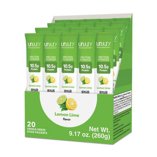 Unjury Lemon Lime whey stick pack for convenient on-the-go protein.