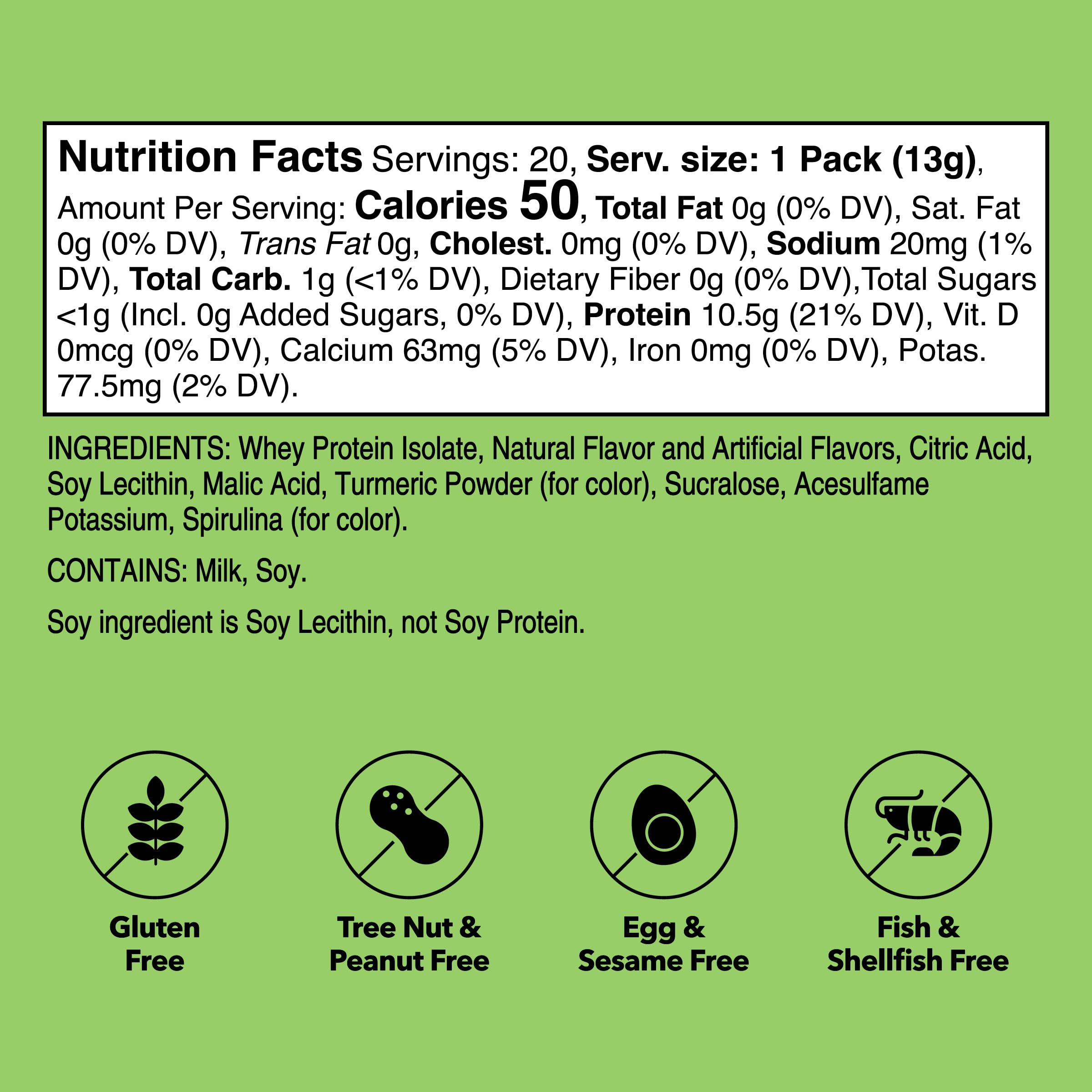 Individual sachets deliver 10.5 g of high-quality whey isolate per serving.