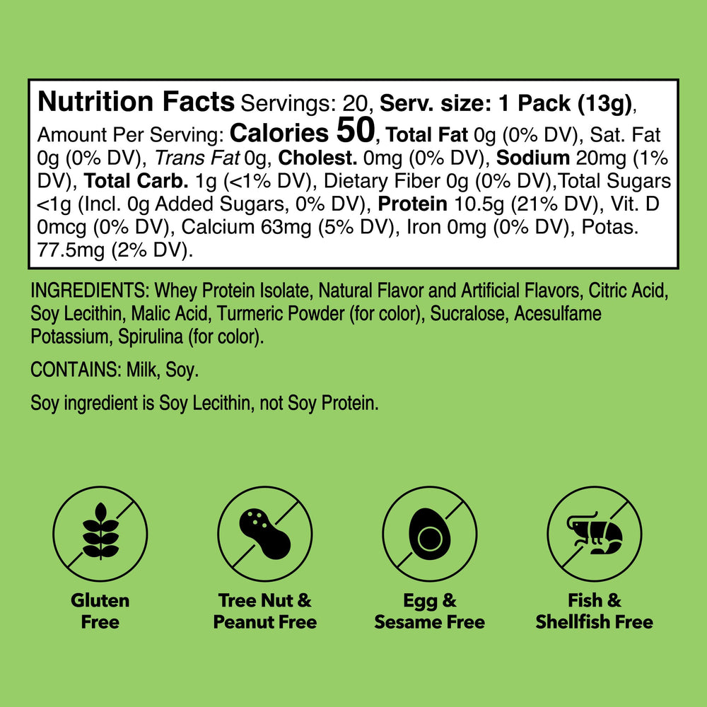 Individual sachets deliver 10.5 g of high-quality whey isolate per serving.