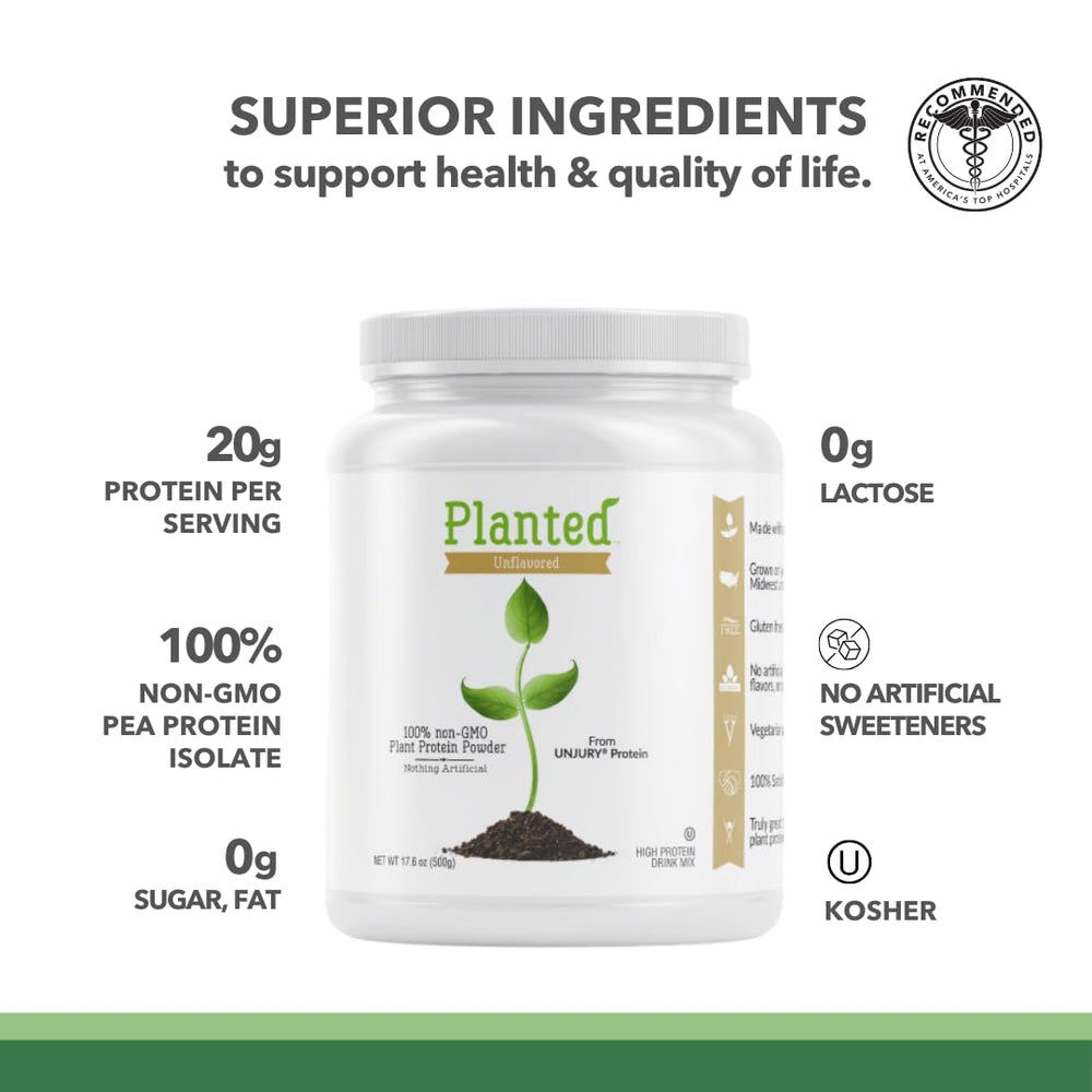 Unjury Planted pea protein powder packaging label highlighting gluten-free and non-GMO credentials.
