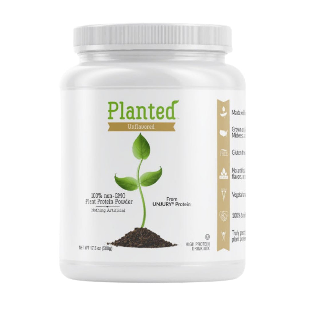 Unjury Planted pea protein powder in a jar, a dairy-free protein option for smoothies.