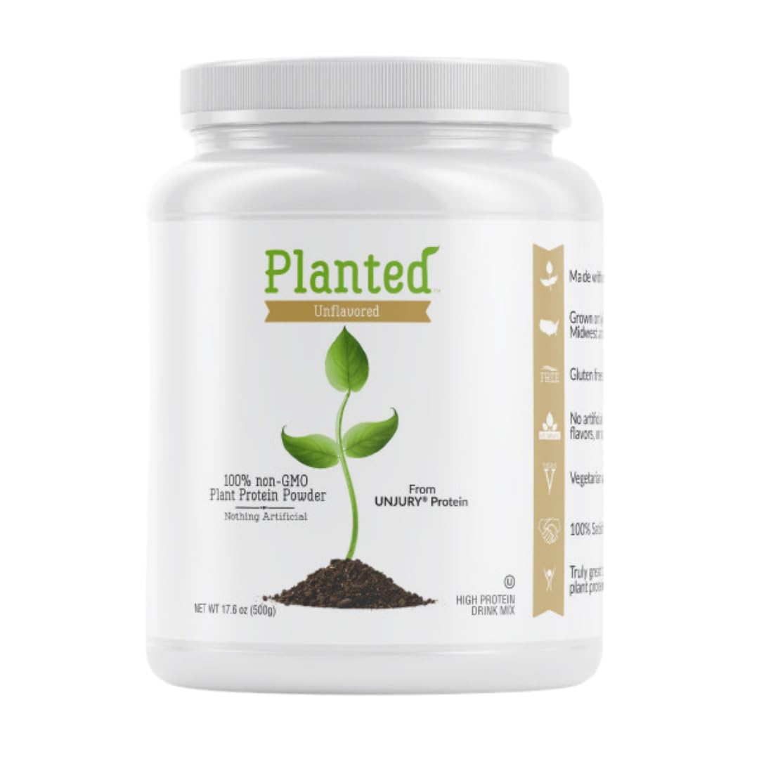 Unjury Planted pea protein powder in a jar, a dairy-free protein option for smoothies.