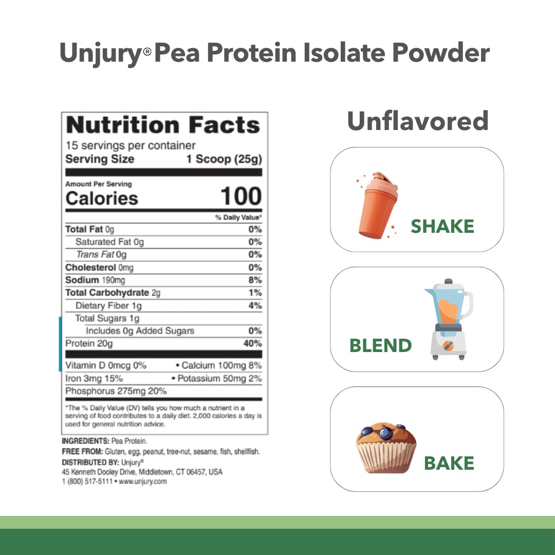Unjury Planted pea protein powder scoop beside a glass of water for a quick protein boost.
