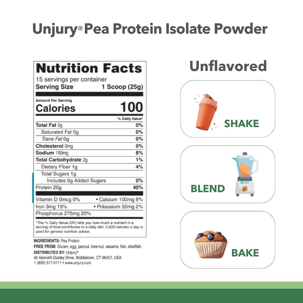 Unjury Planted pea protein powder scoop beside a glass of water for a quick protein boost.