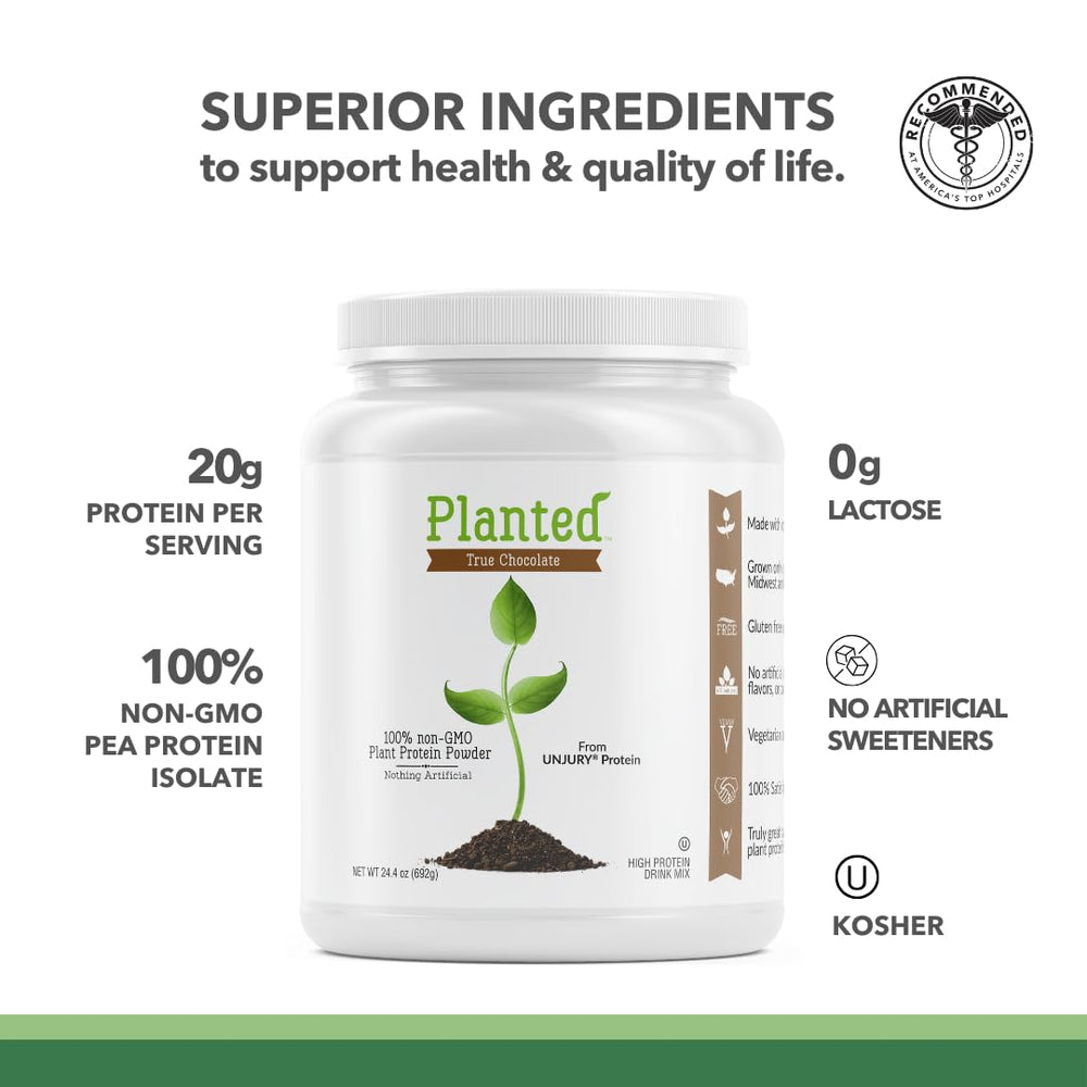 Unjury Planted vegan protein label highlights non-GMO peas.