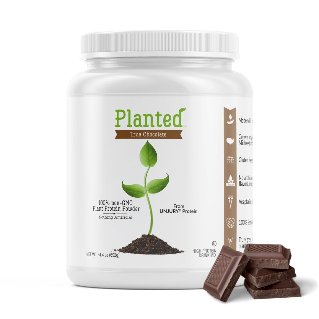Unjury Planted vegan chocolate protein powder jar for dairy-free nutrition.