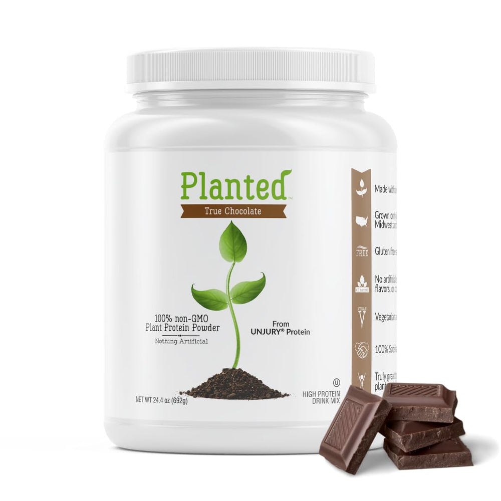 Unjury Planted vegan chocolate protein powder jar for dairy-free nutrition.
