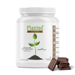 Unjury Planted vegan chocolate protein powder jar for dairy-free nutrition.