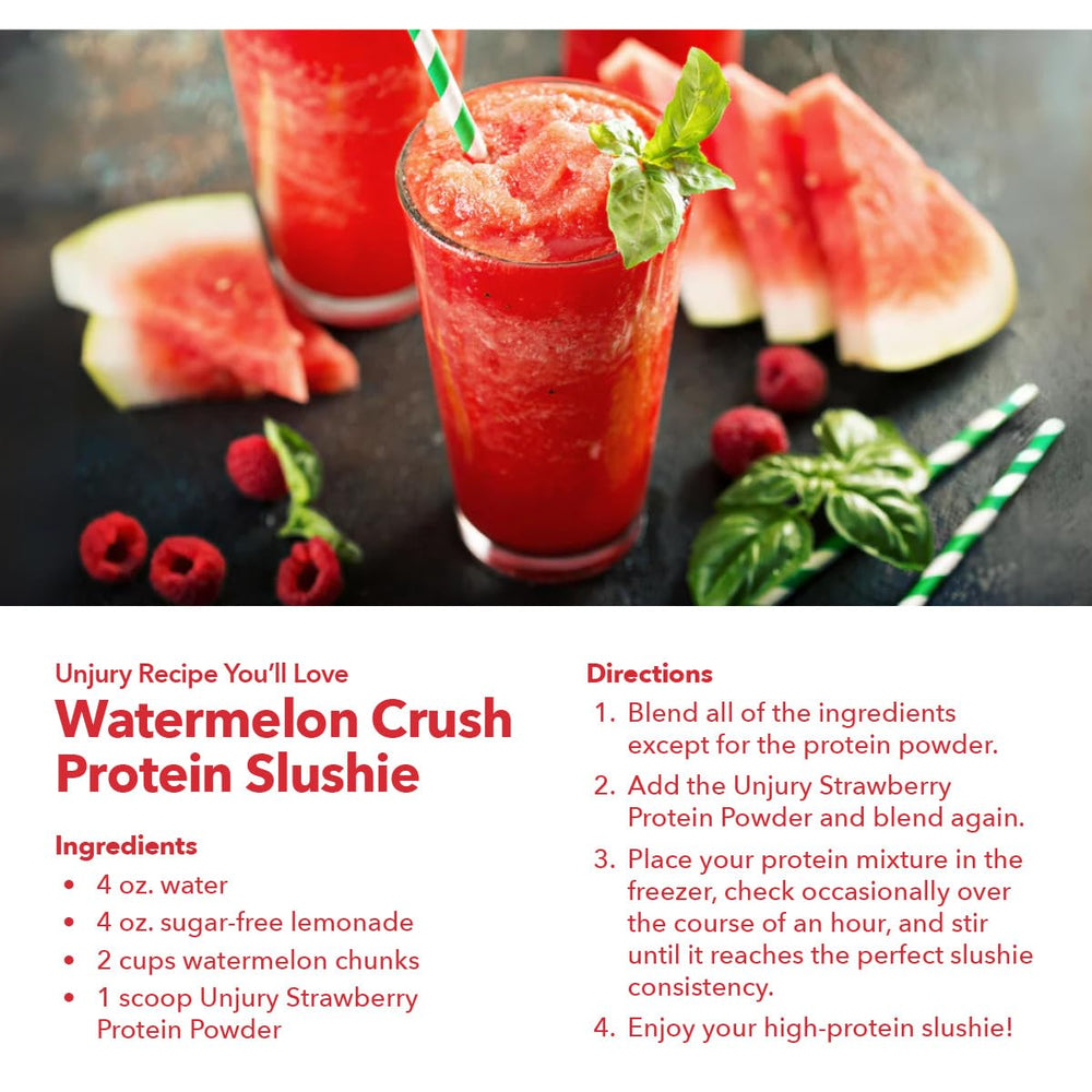 Unjury Strawberry whey ingredient label—gluten-free, kosher certified, clean protein source.