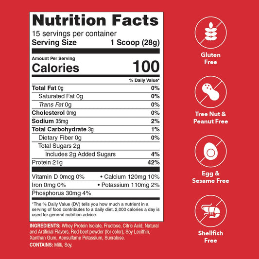Unjury Strawberry whey powder pour—low carb formula for balanced nutrition.