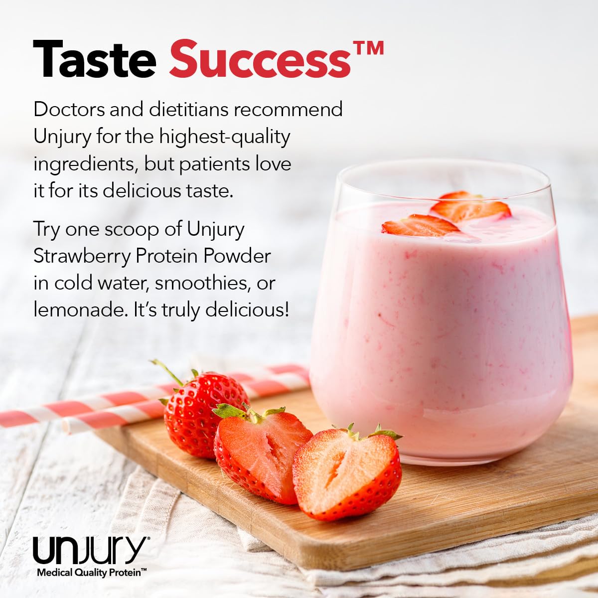 Unjury Strawberry whey scoop—easy portioning for 8-ounce beverages.