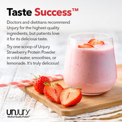 Unjury Strawberry whey scoop—easy portioning for 8-ounce beverages.
