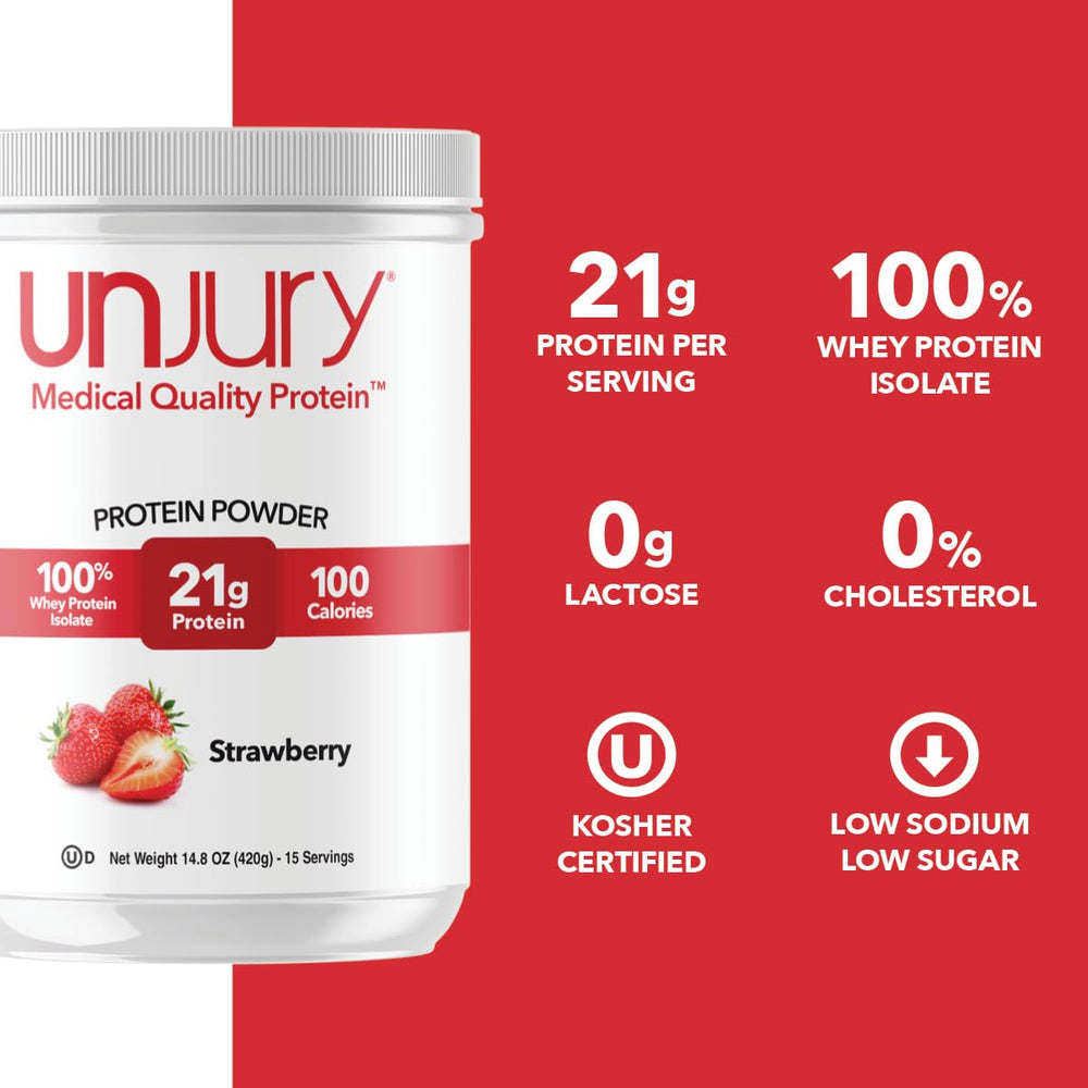Unjury Strawberry whey shake glass—versatile mix for smoothies, coffee, or recipes.