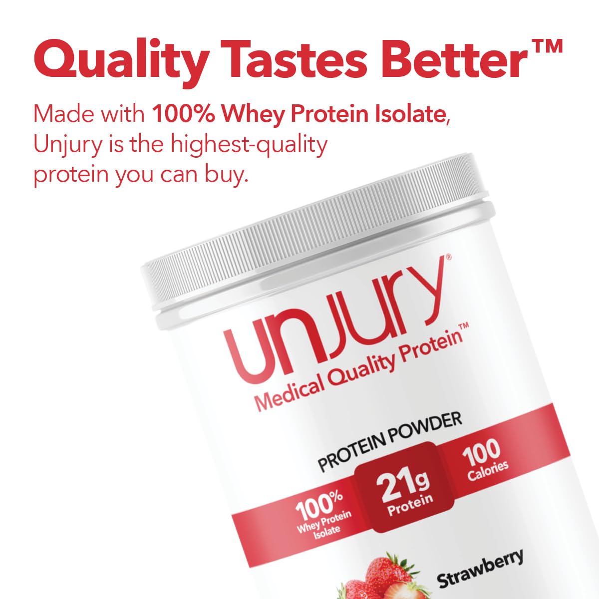 Unjury Strawberry whey tub front—trusted 100% whey isolate for sensitive stomachs.