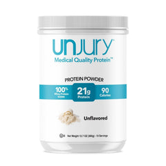 Unjury unflavored protein powder jar for gluten-free, kosher-friendly protein boosts in shakes.