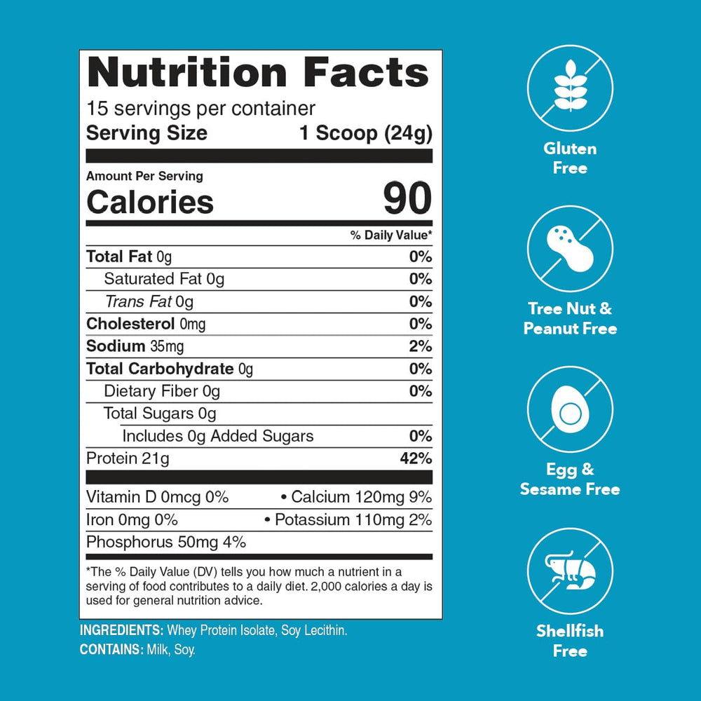 Unjury unflavored protein powder scoop serving highlights 21g whey isolate per serving.