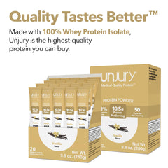 Open Unjury vanilla stick packs ready to mix into a drink.